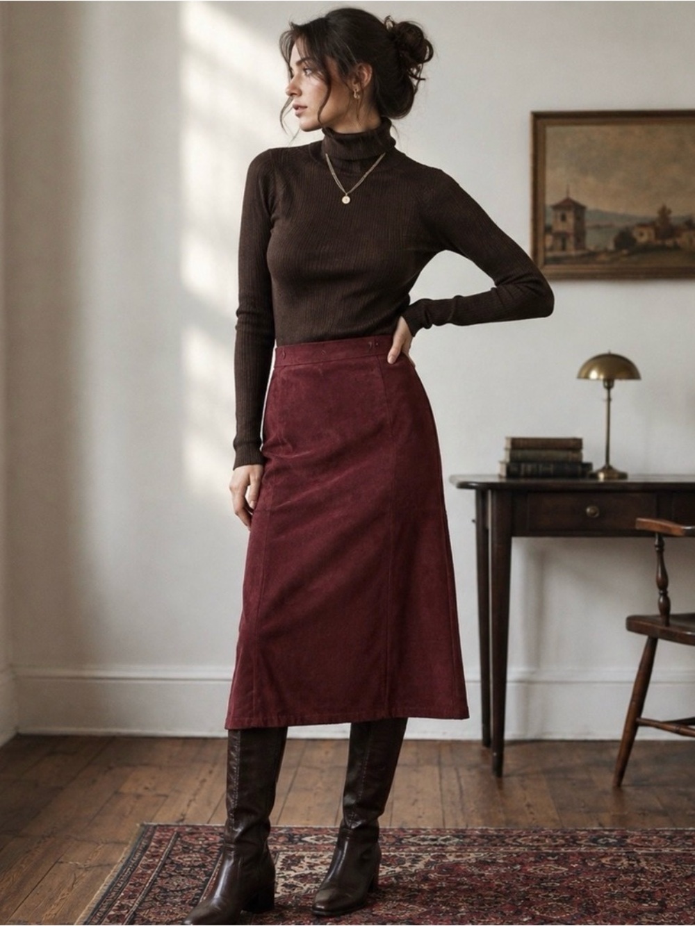 Vintage Y2K White Stag Faux Suede Midi Skirt Burgundy Size 12 Stretch